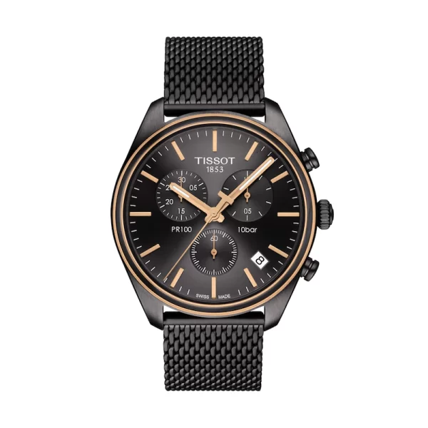 Men's Tissot PR 100 Chronograph Black PVD Mesh Watch with Black Dial (Model: T101.417.23.061.00)